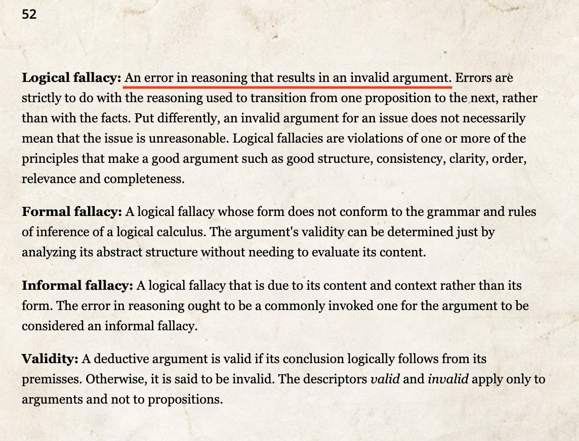 book of bad arguments definitions page, page 52, highlighted